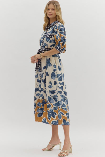 Blue Botanical Print Dress