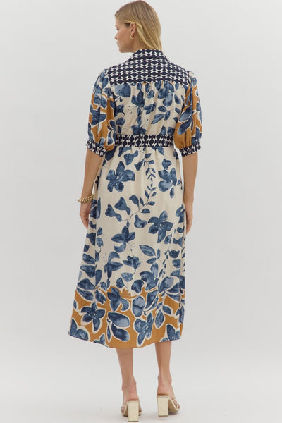 Blue Botanical Print Dress