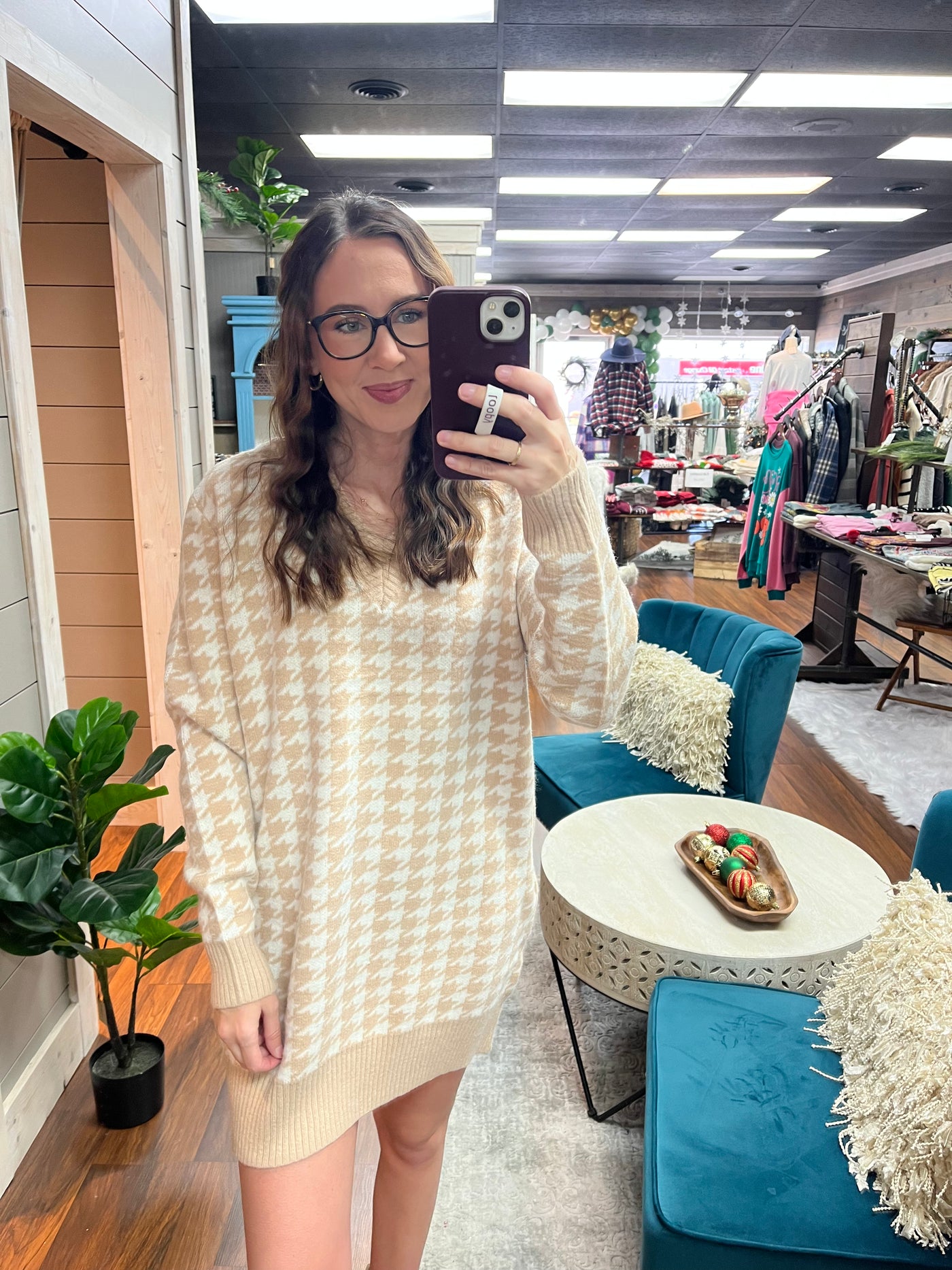 Taupe Houndstooth Sweater Dress