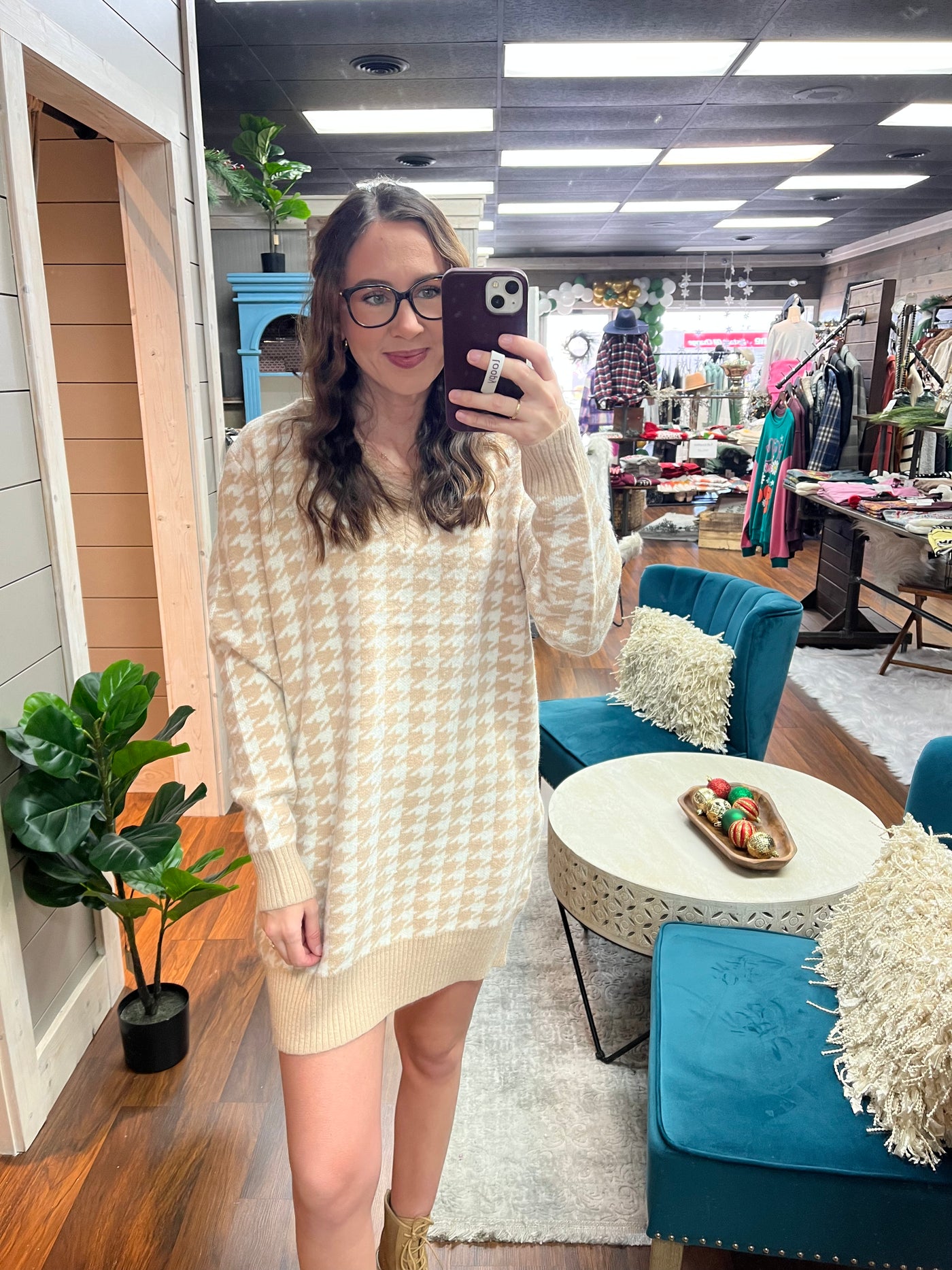 Taupe Houndstooth Sweater Dress
