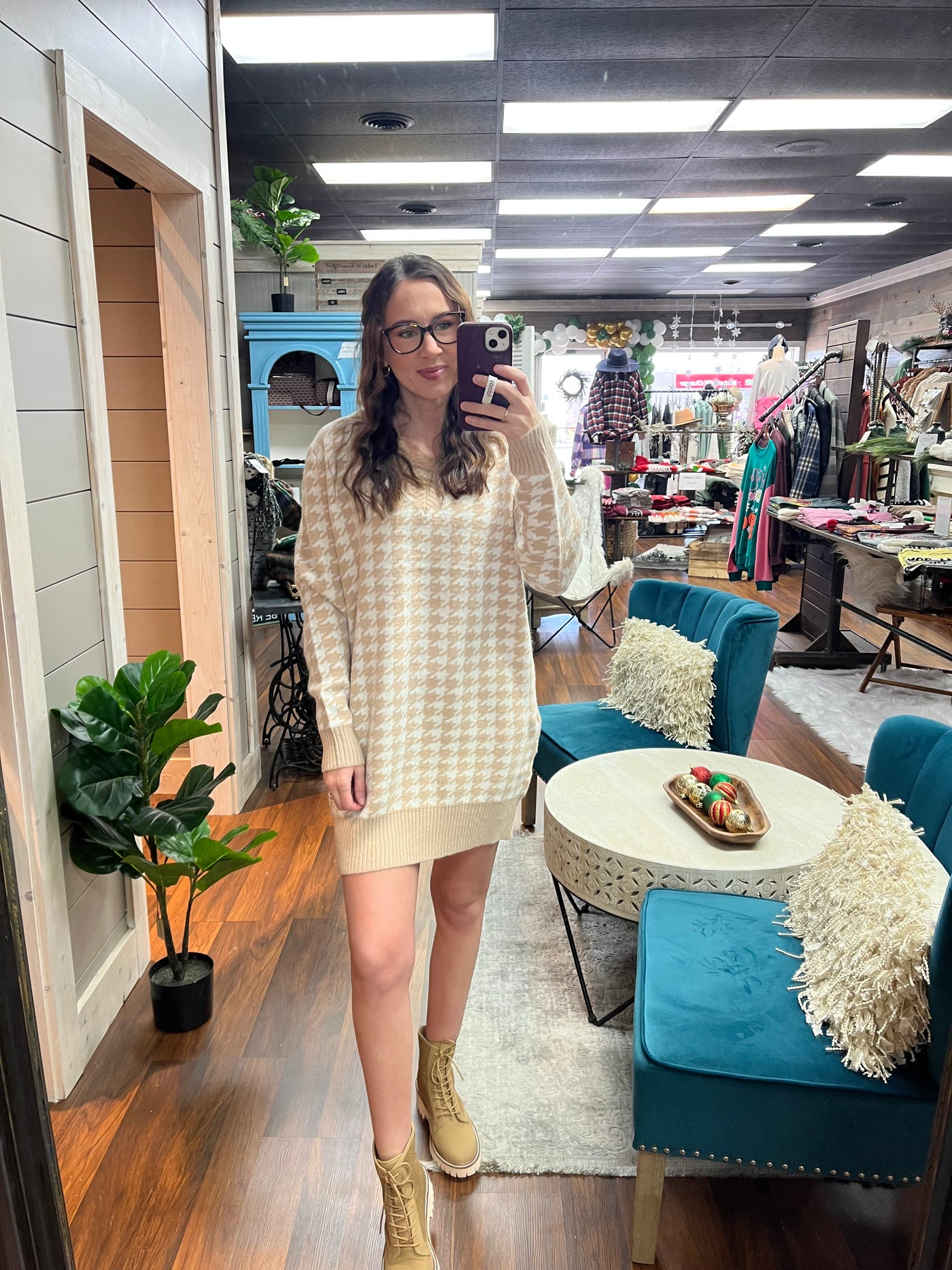 Taupe Houndstooth Sweater Dress